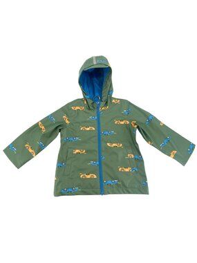 Pekkle | Boy's Rain Jacket | Racecar's Print | Full Zip-Up | Size 3T | Green